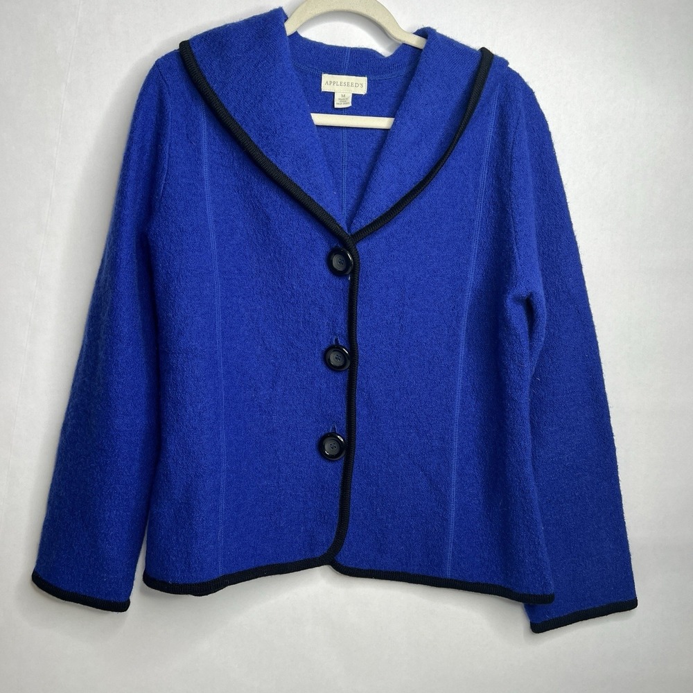 Vtg Appleseed's Women's Royal‎ Blue Black 100% Wool Button Front Cardigan Jacket